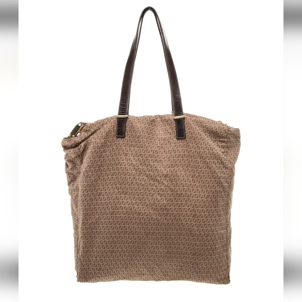 Fendi Tan/Brown FF Zuccino Tote Shoulder Bag Purse Leather Straps Classic